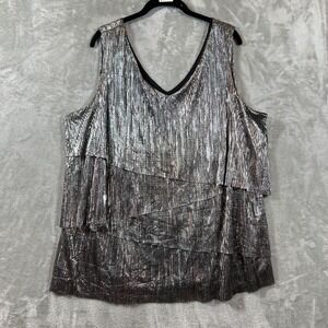 ROZ & ALI Metallic Silver layered VNeck Tank Top Blouse Stretch Lined Size L NWT